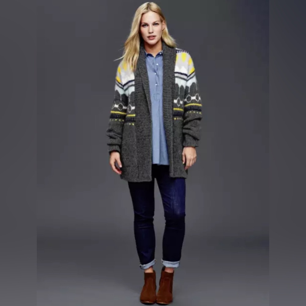 GAP Maternity Shawl Collar Open Cardigan Sweater In Grey Fair Isle Size: XS